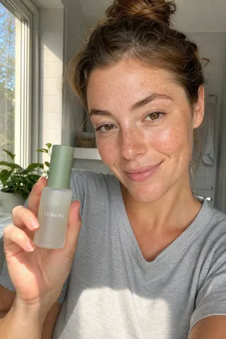 A creator holding a serum bottle to camera in a sunlit room, framed as the opening shot of an ad