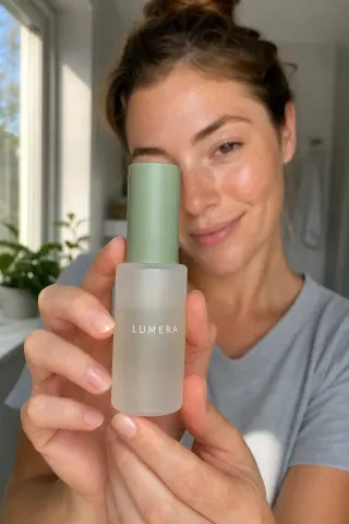 A close-up of the same creator's hands turning the serum bottle toward the lens