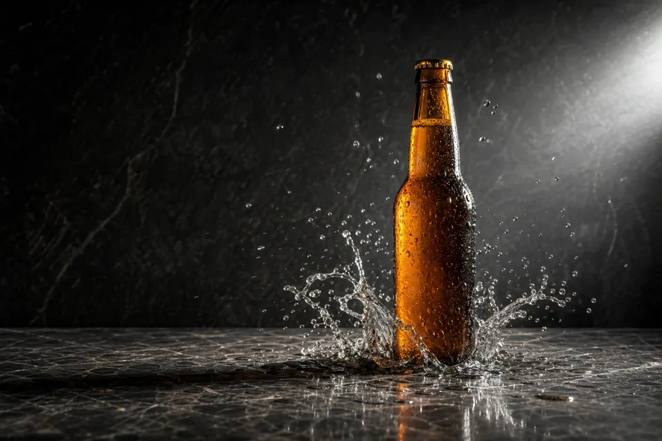 A chilled amber bottle mid-splash on dark stone under a hard key light