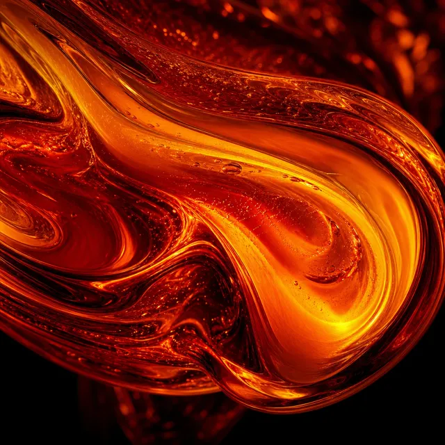 Molten glass swirling from vermilion into amber
