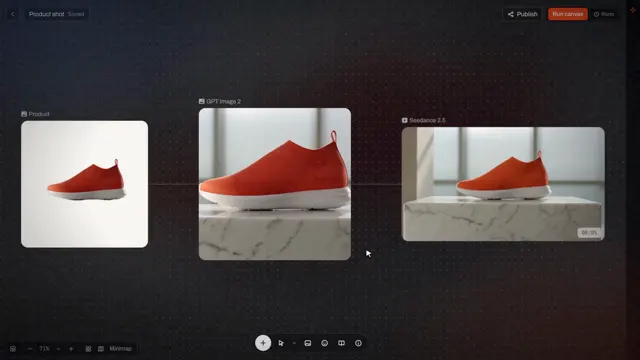 A flow turning a plain sneaker photo into a marble product shot, then into a short motion clip