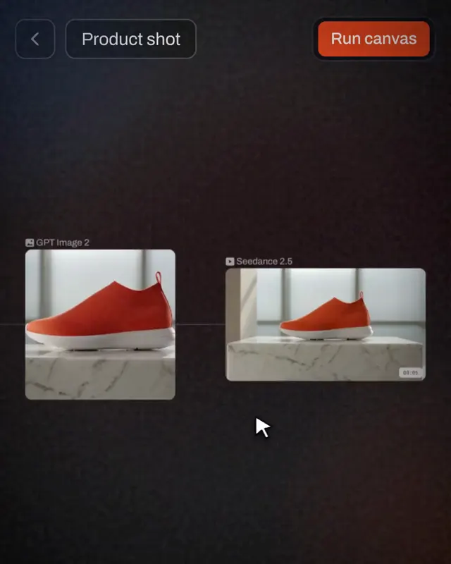 A flow turning a plain sneaker photo into a marble product shot, then into a short motion clip
